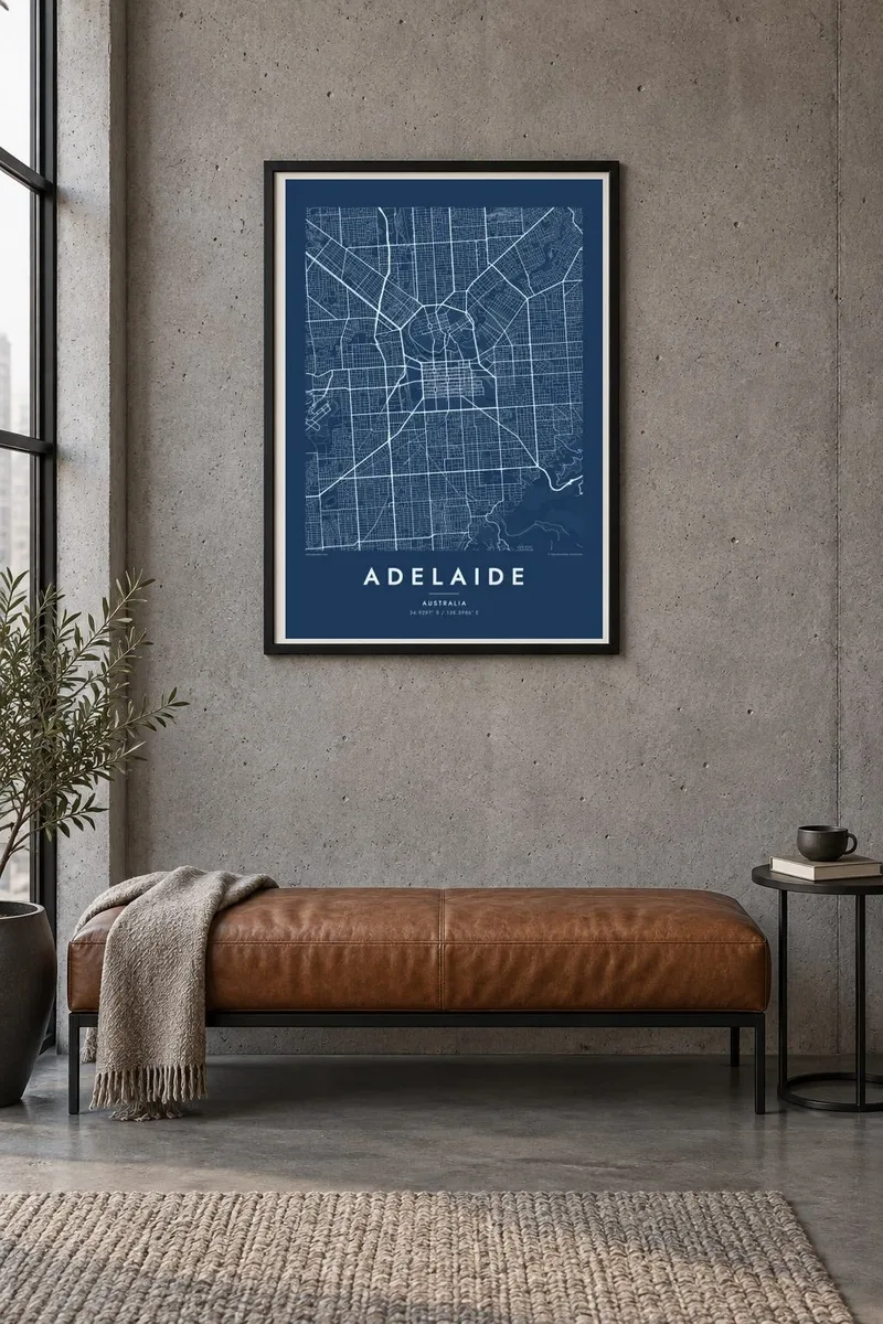 Adelaide map poster in a black frame, industrial interior