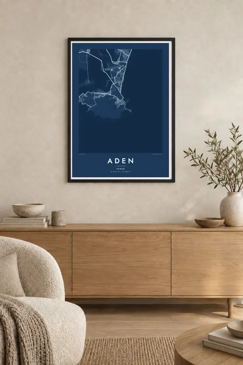 Aden map poster in a black frame, japandi interior