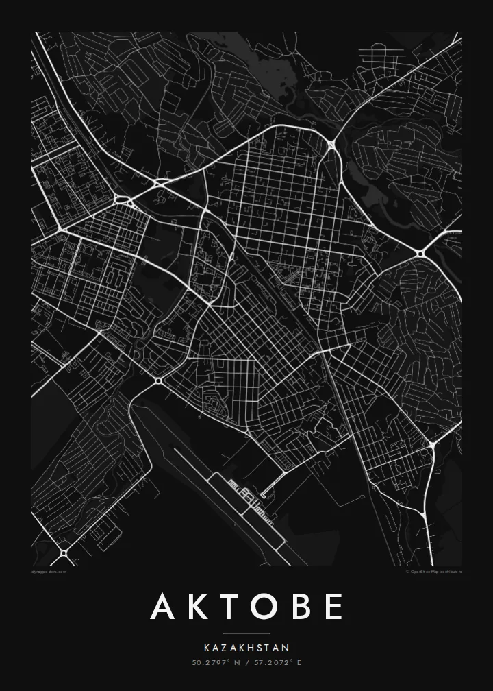 Aktobe map poster — Noir style