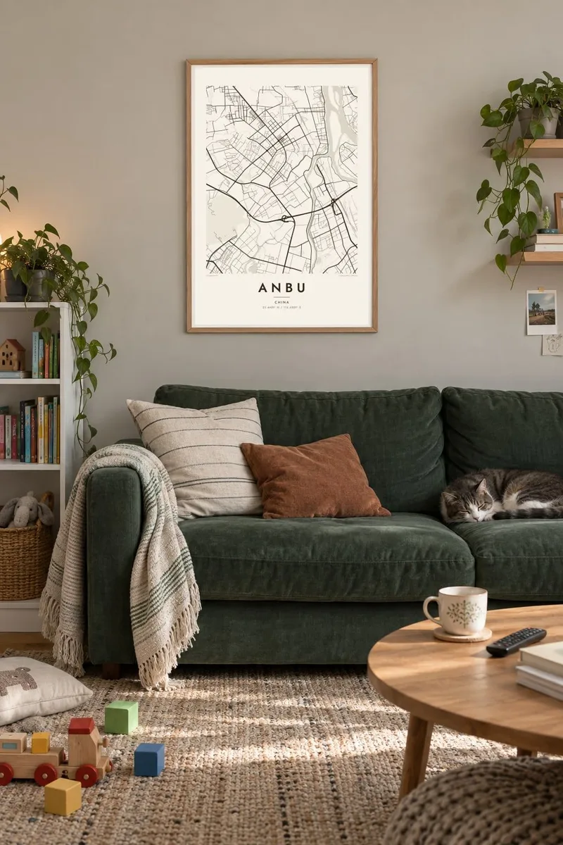 Anbu map poster in an oak frame, contemporary family interior