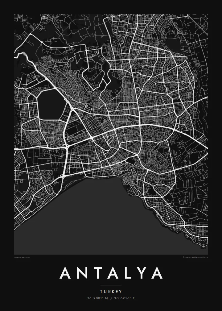 Antalya map poster — Noir style