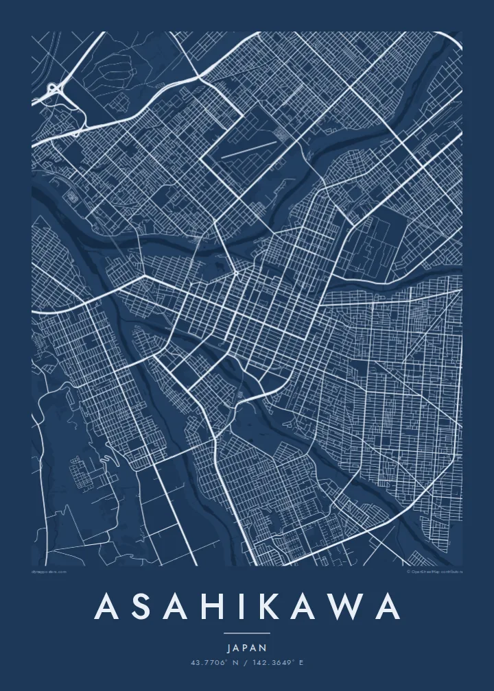 Asahikawa map poster — Blueprint style