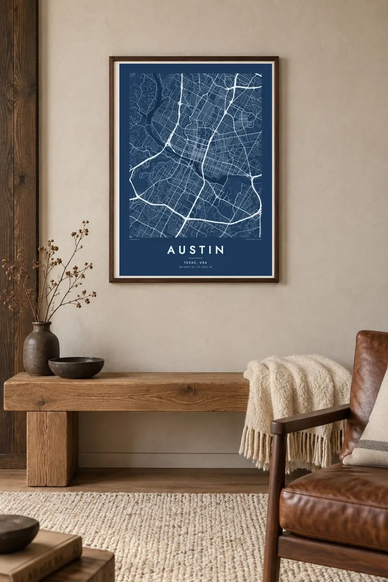 Austin map poster in a walnut frame, alpine interior