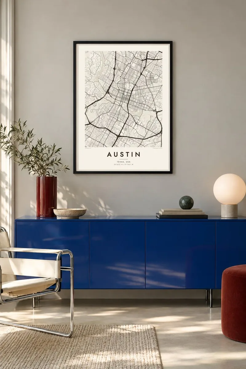 Austin map poster in a black frame, bauhaus interior