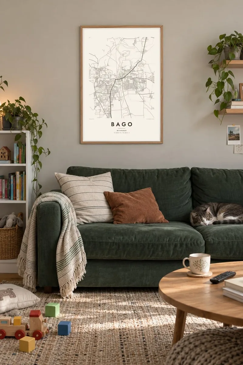 Bago map poster in an oak frame, contemporary family interior