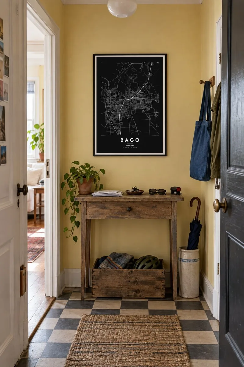Bago map poster in a black frame, hallway interior