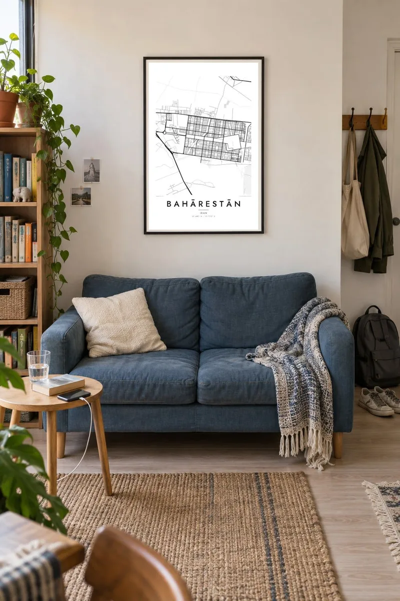 Bahārestān map poster in a black frame, small flat interior