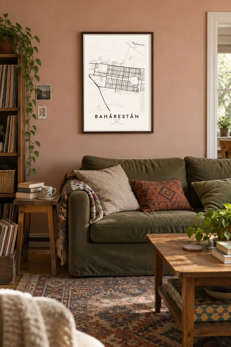 Bahārestān map poster in a walnut frame, vintage living interior