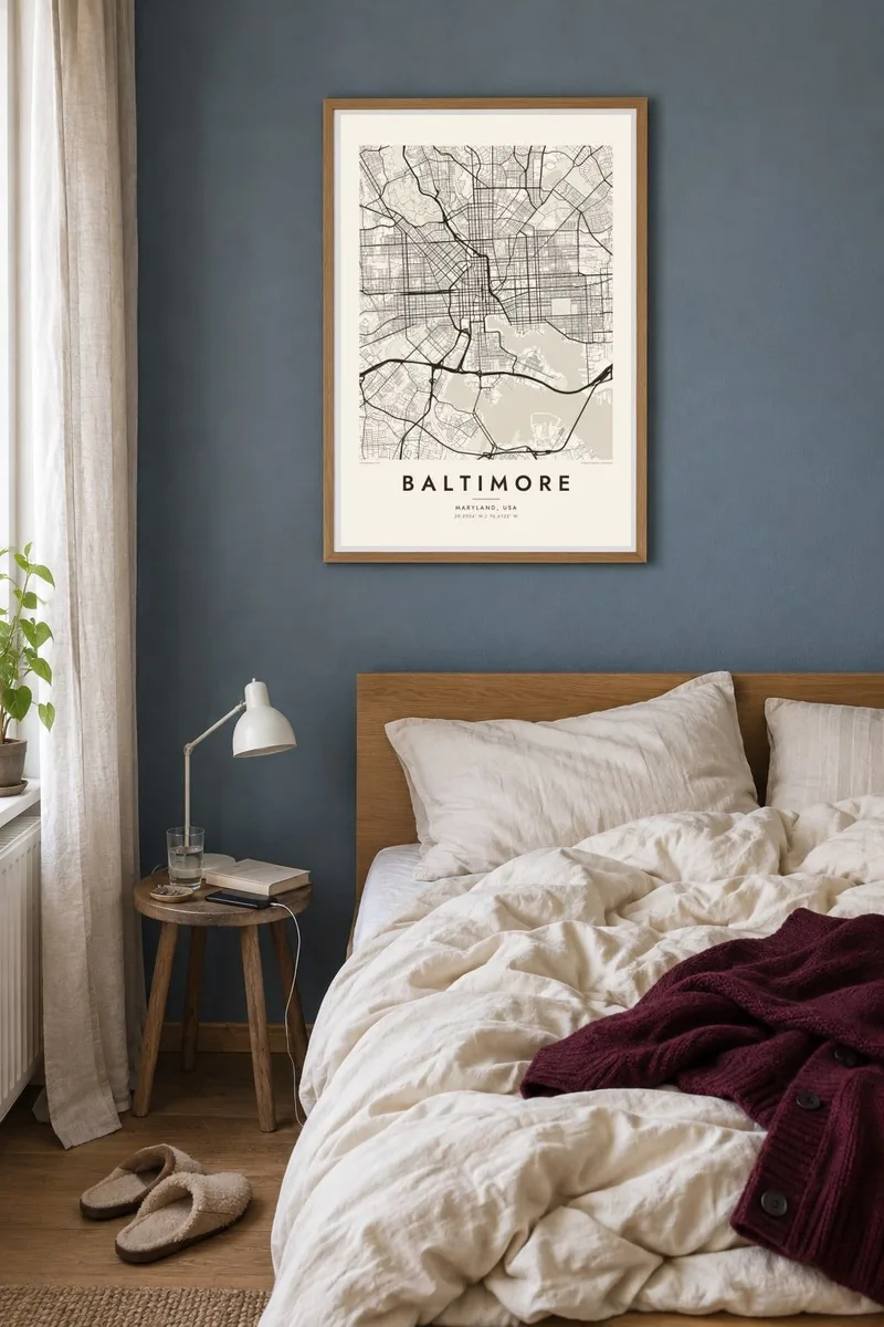 Baltimore map poster in an oak frame, bedroom morning interior