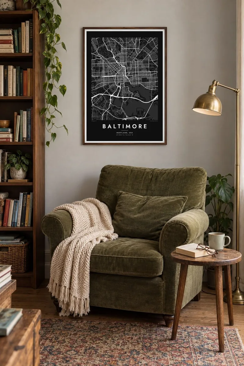 Baltimore map poster in a walnut frame, reader home interior