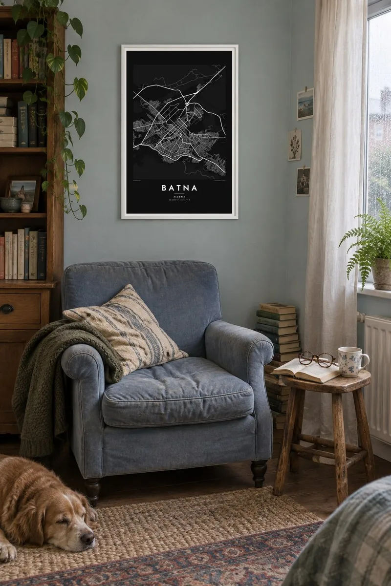 Batna map poster in a white frame, window reading interior