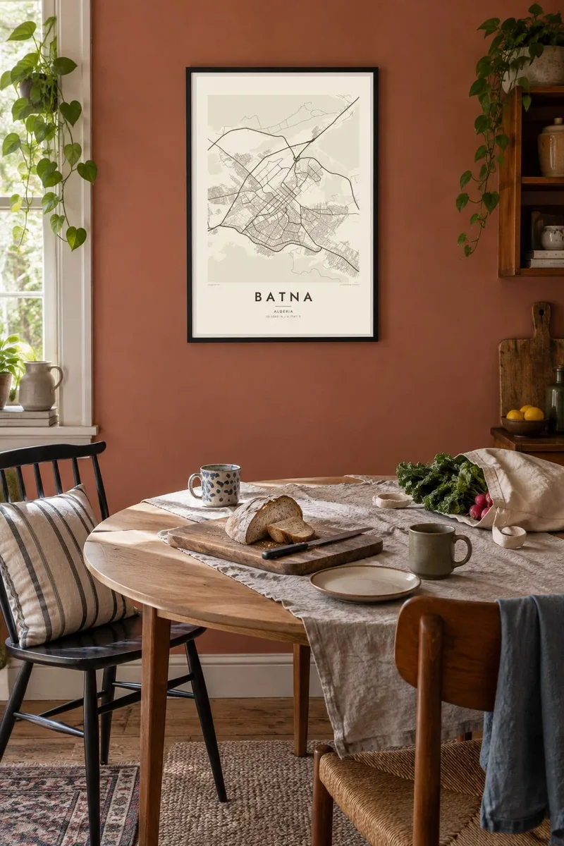 Batna map poster in a black frame, dining terracotta interior
