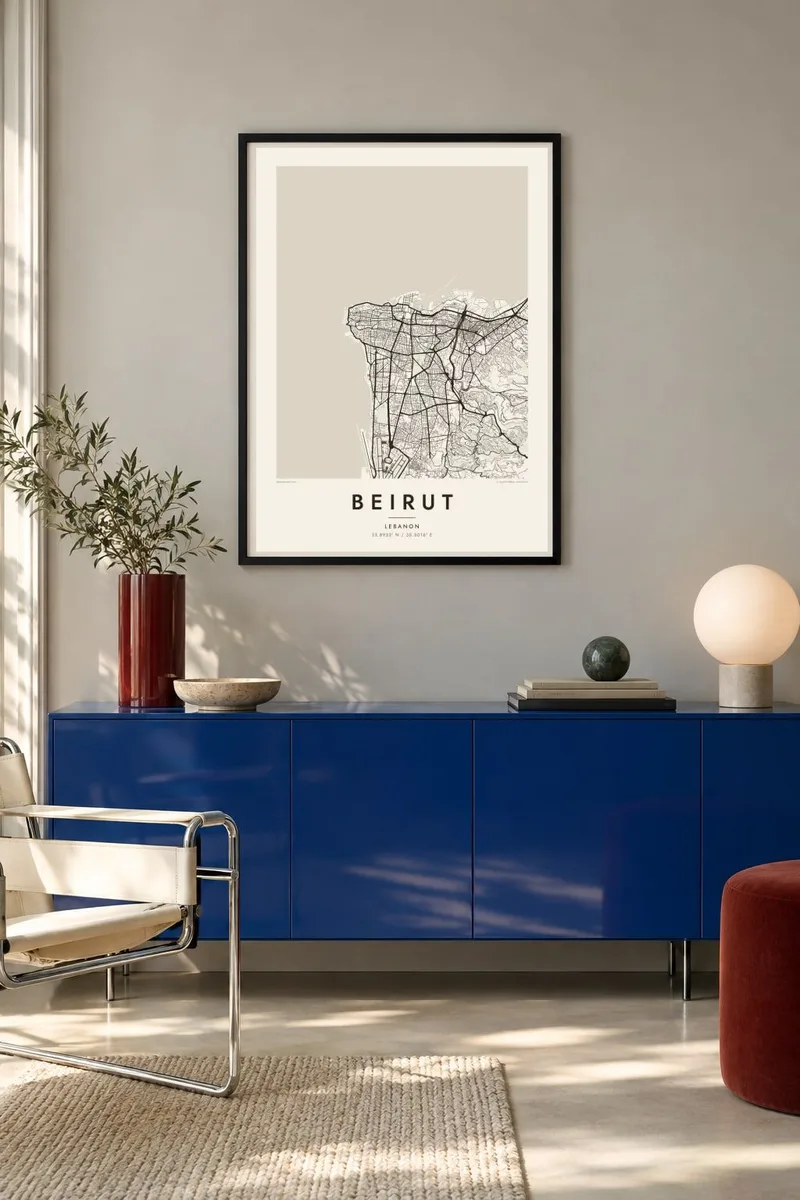 Bejrut map poster in a black frame, bauhaus interior
