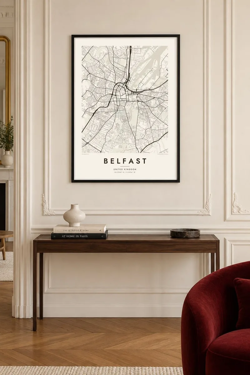 Belfast map poster in a black frame, paris interior