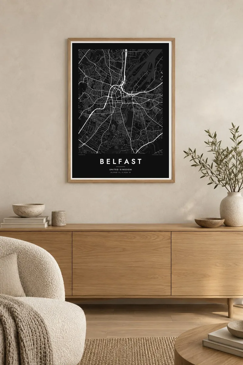 Belfast map poster in an oak frame, japandi interior