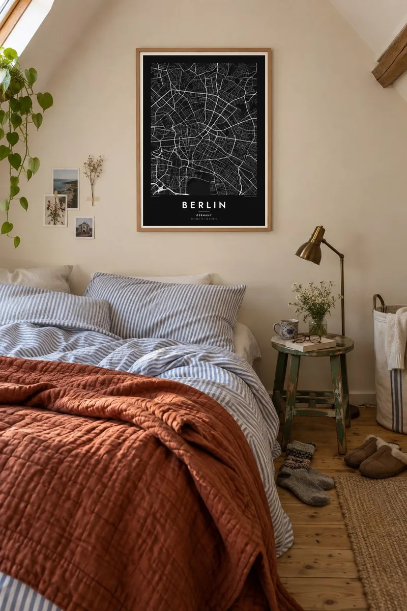 Berlin map poster in an oak frame, attic bedroom interior