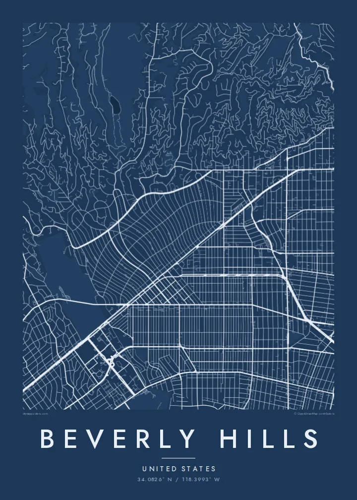 Beverly Hills map poster — Blueprint style
