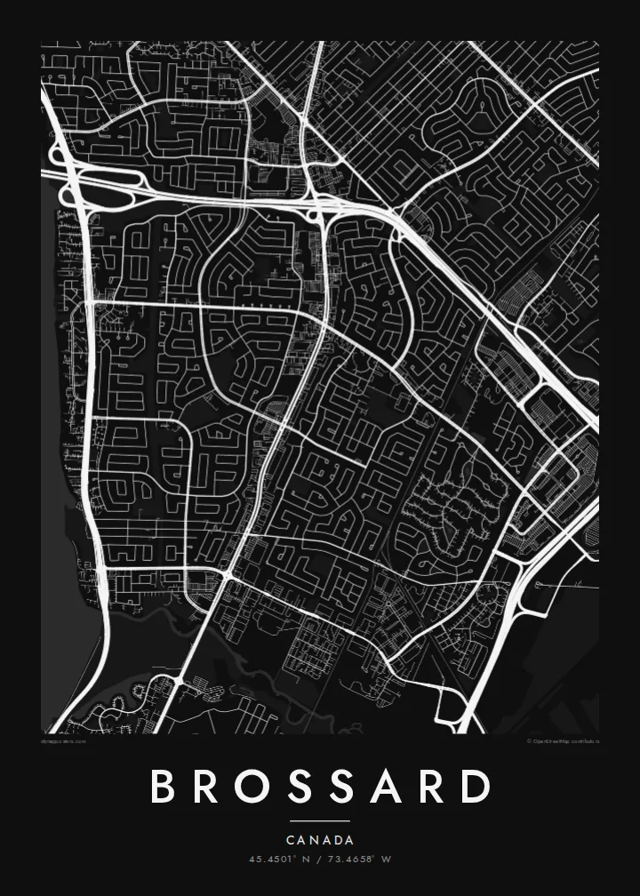 Brossard map poster — Noir style