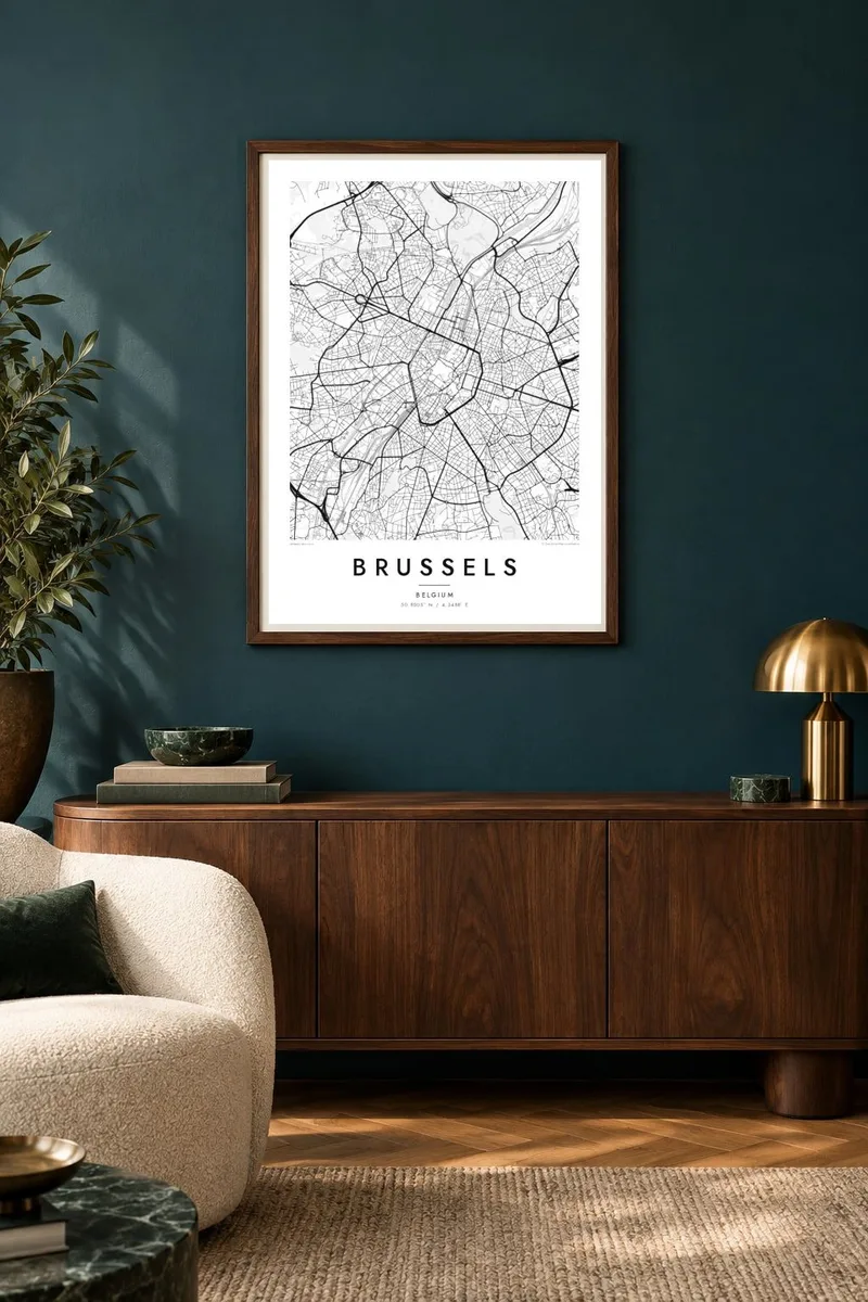 Brussels map poster in a walnut frame, artdeco interior