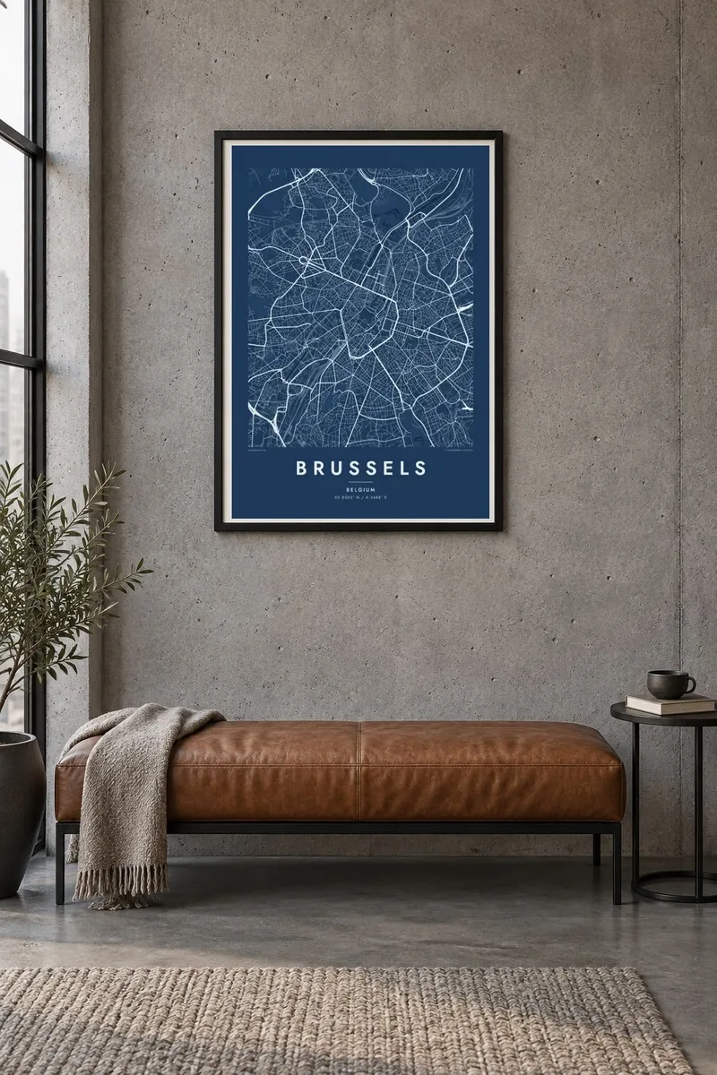 Brussels map poster in a black frame, industrial interior