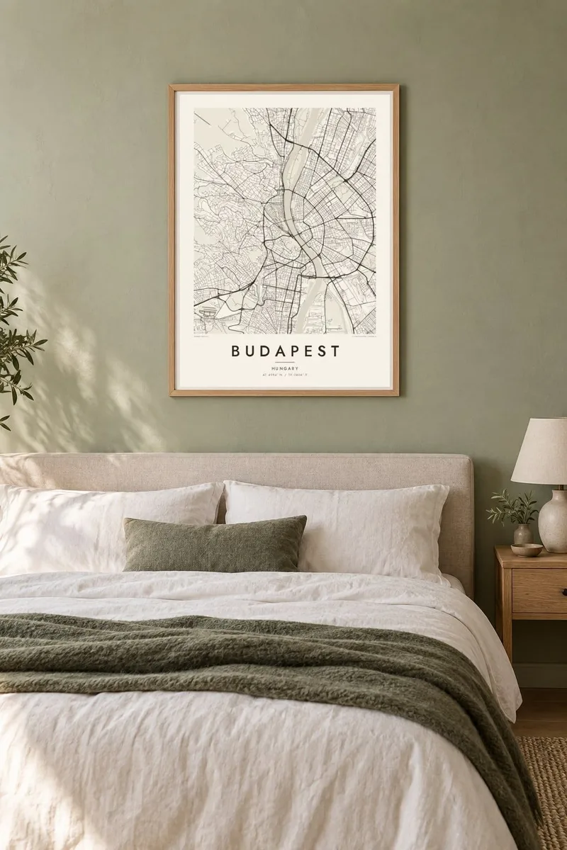 Budimpešta map poster in an oak frame, sage bedroom interior