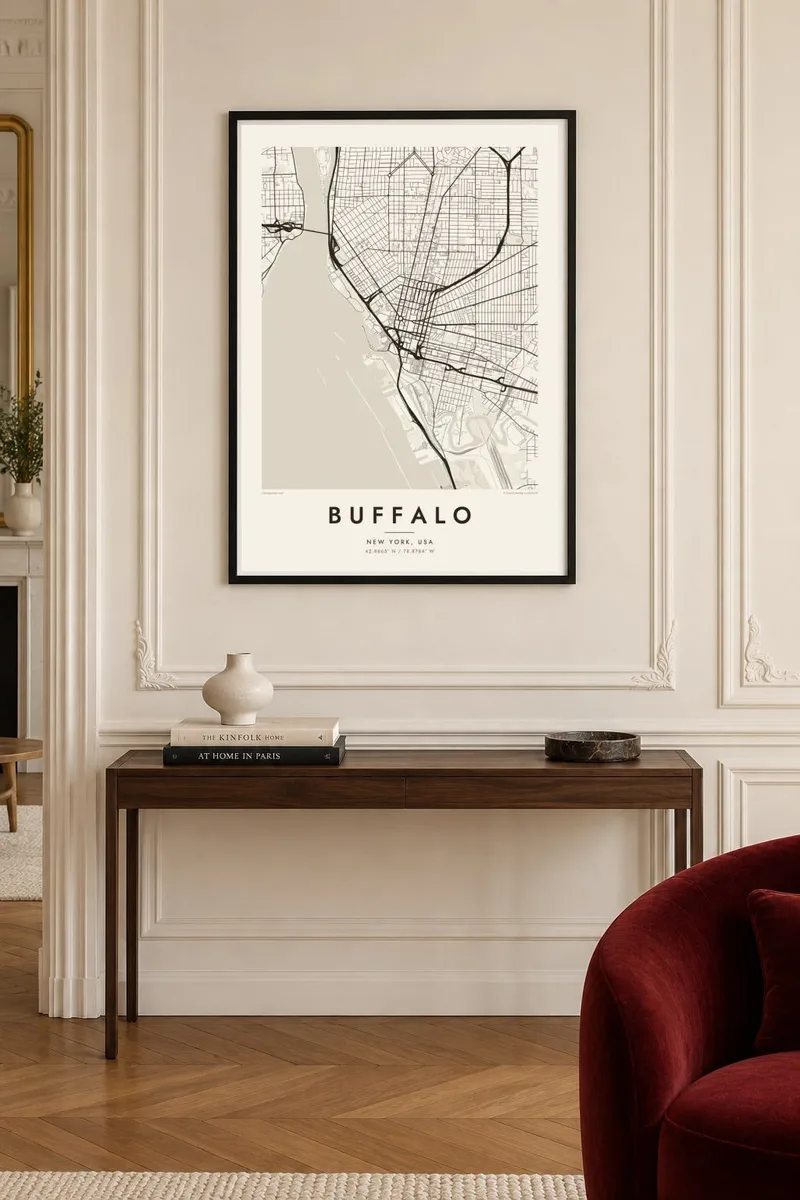 Buffalo map poster in a black frame, paris interior