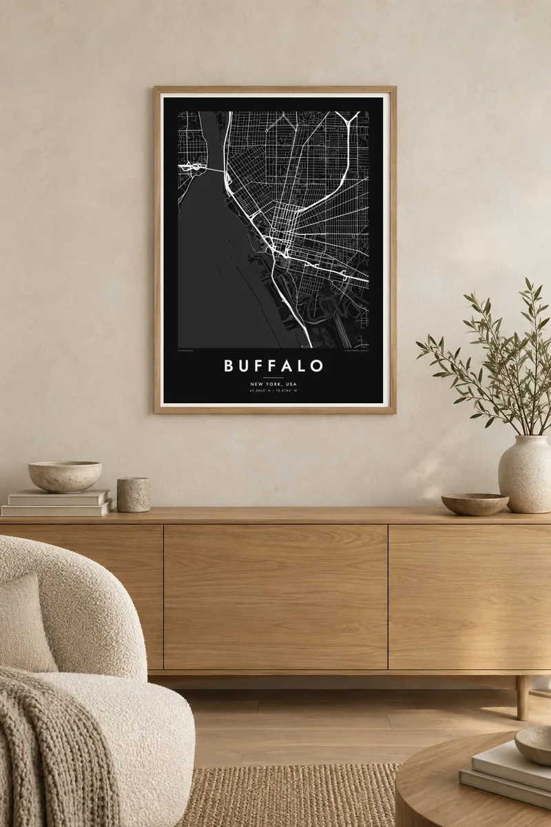 Buffalo map poster in an oak frame, japandi interior