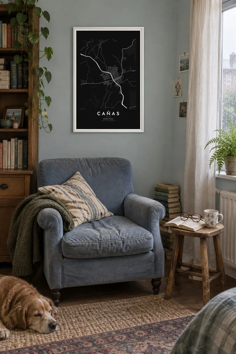 Cañas map poster in a white frame, window reading interior