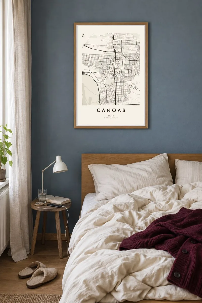 Canoas map poster in an oak frame, bedroom morning interior