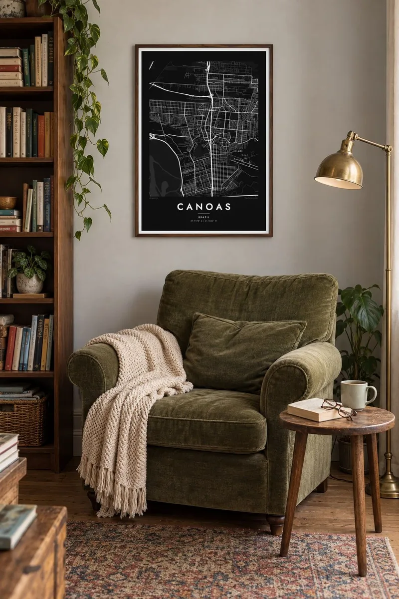 Canoas map poster in a walnut frame, reader home interior