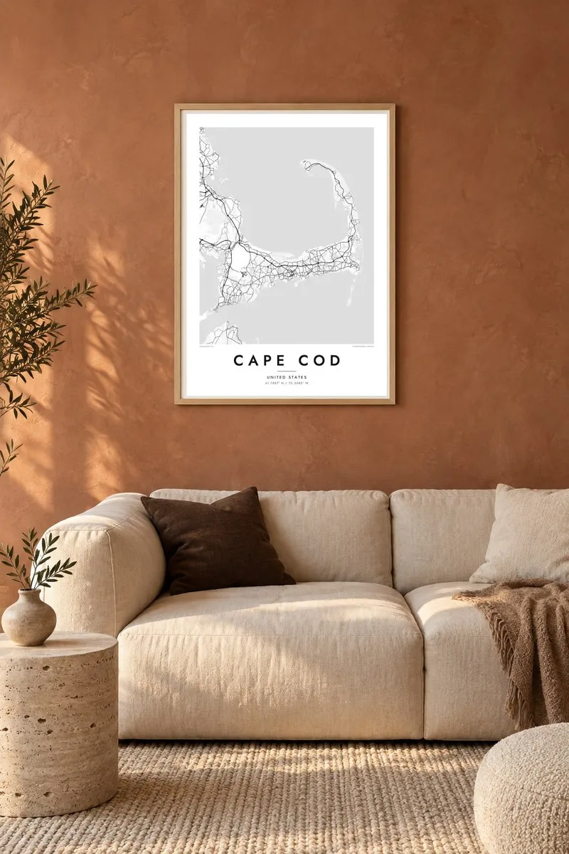 Cape Cod map poster in an oak frame, terracotta interior