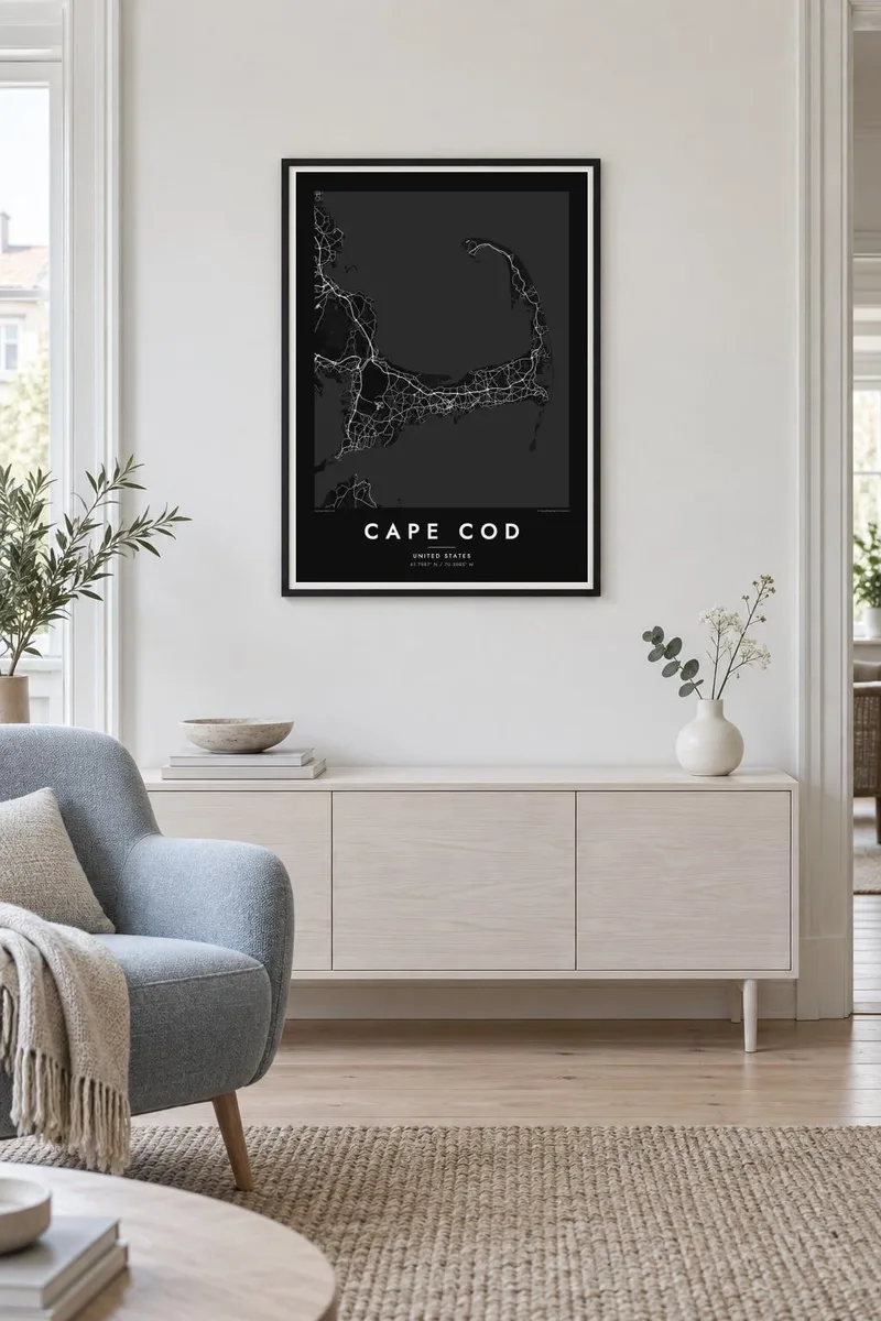 Cape Cod map poster in a black frame, scandinavian interior