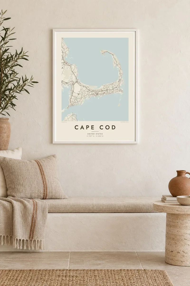 Cape Cod map poster in a white frame, mediterranean interior