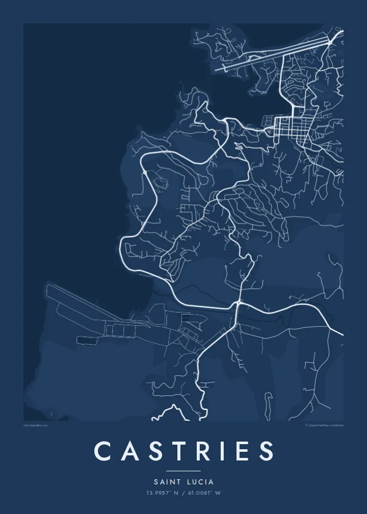 Castries map poster — Blueprint style