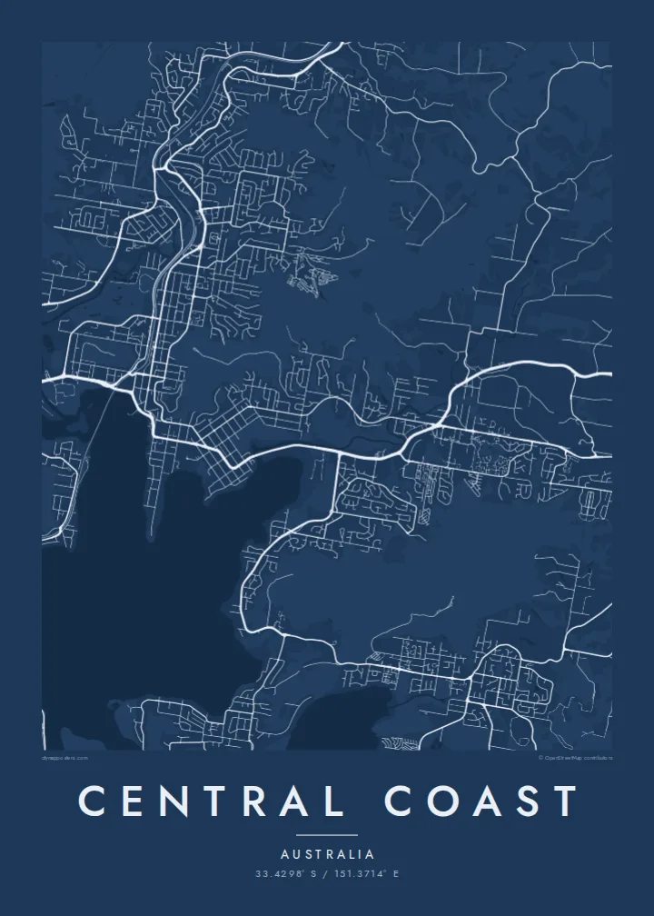 Central Coast map poster — Blueprint style