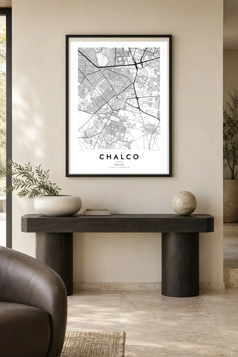 Chalco map poster in a black frame, gallery interior