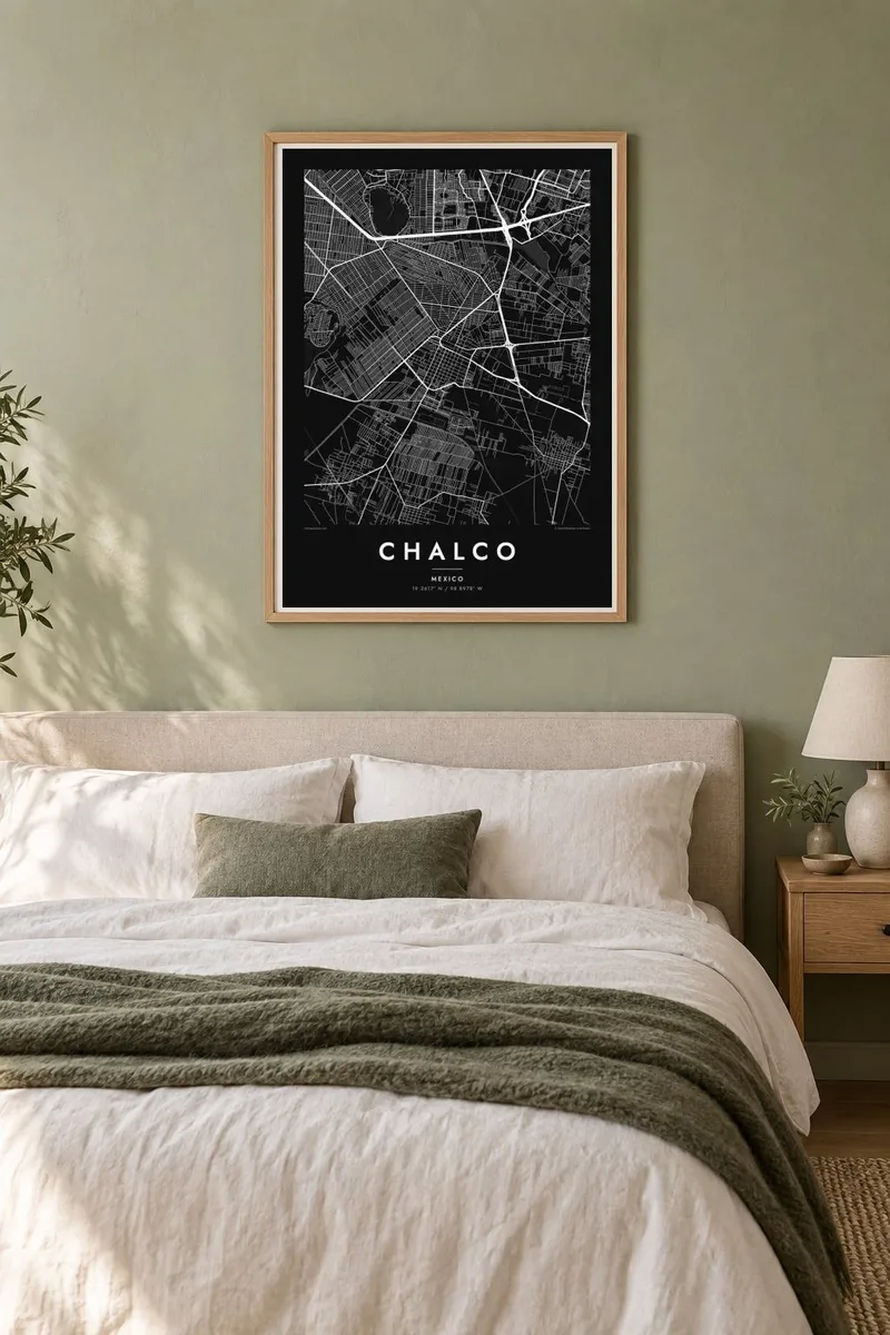 Chalco map poster in an oak frame, sage bedroom interior