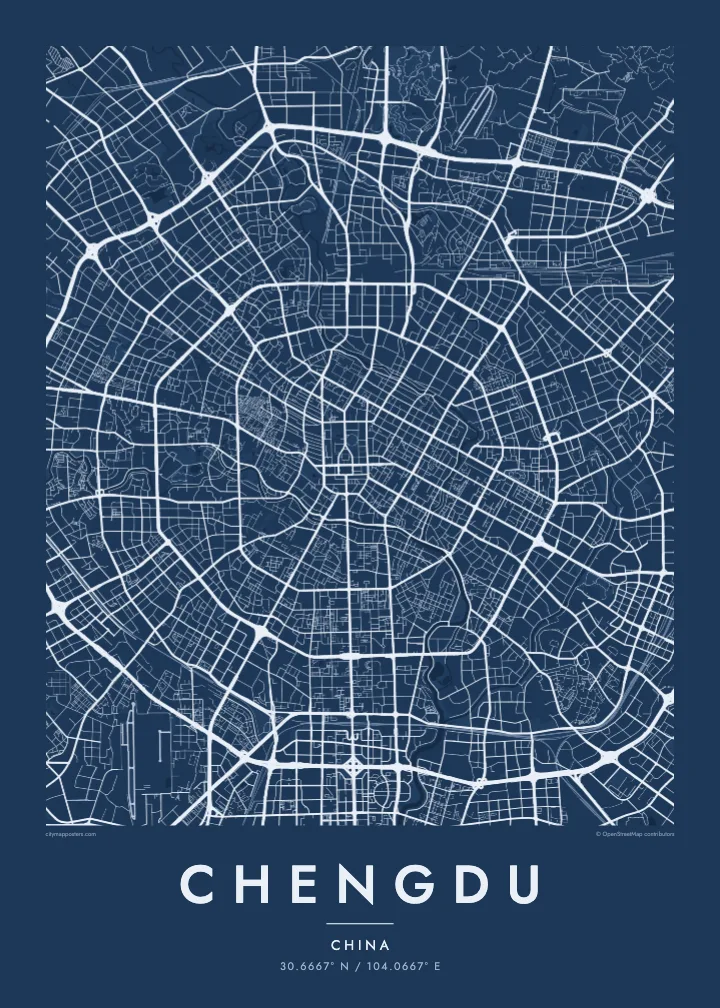 Chengdu map poster — Blueprint style