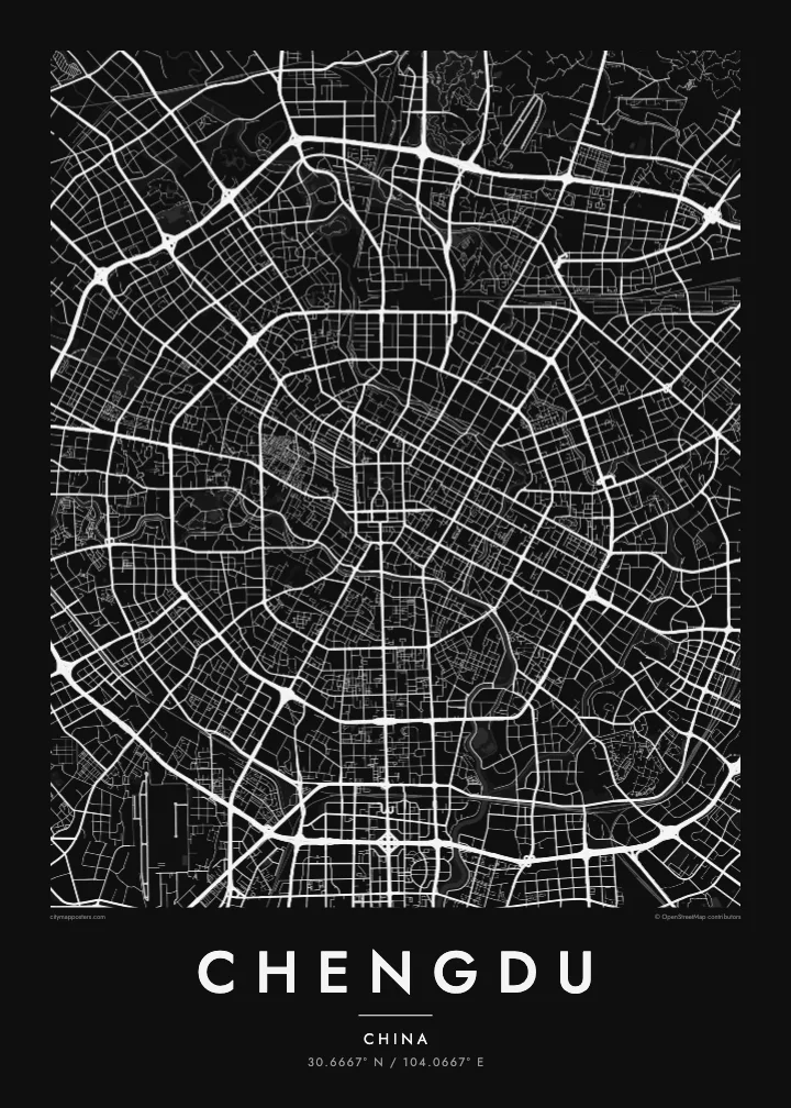 Chengdu map poster — Noir style