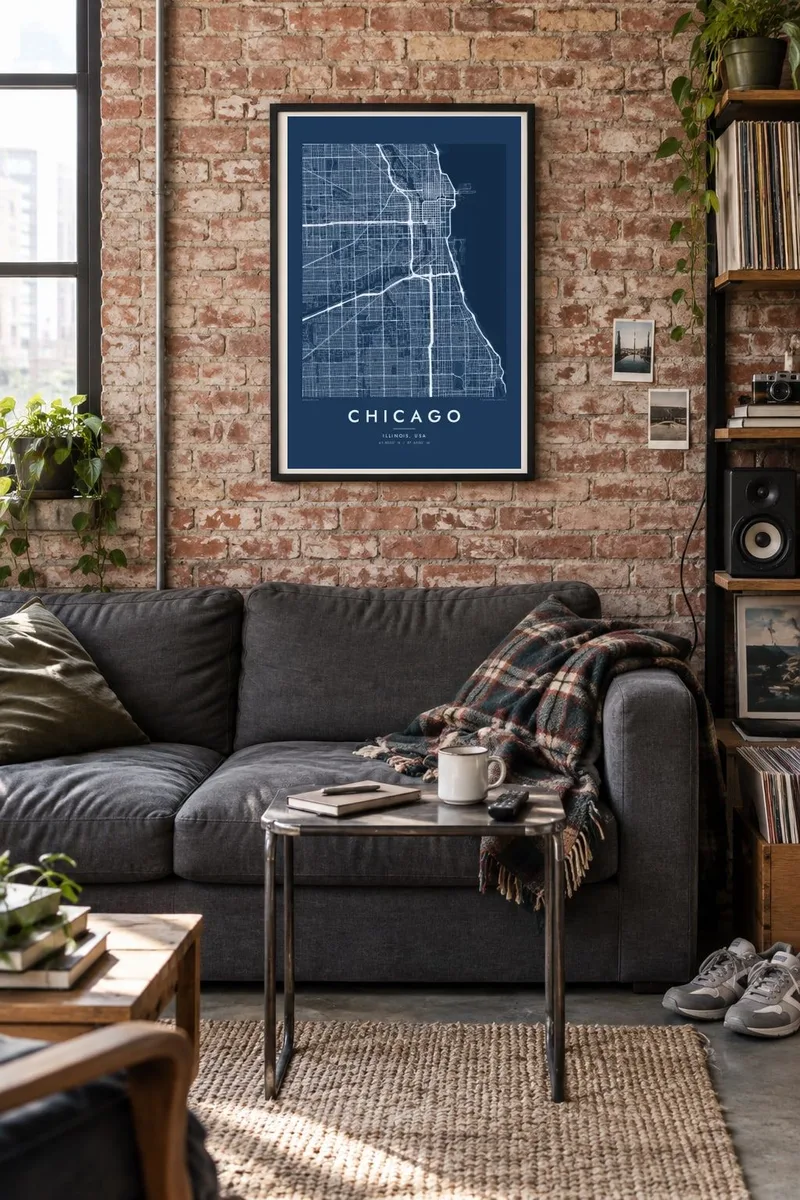 Chicago map poster in a black frame, brick loft interior