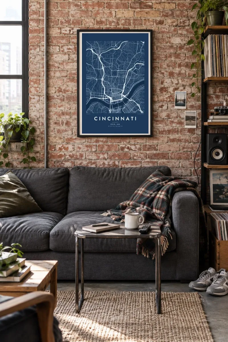 Cincinnati map poster in a black frame, brick loft interior