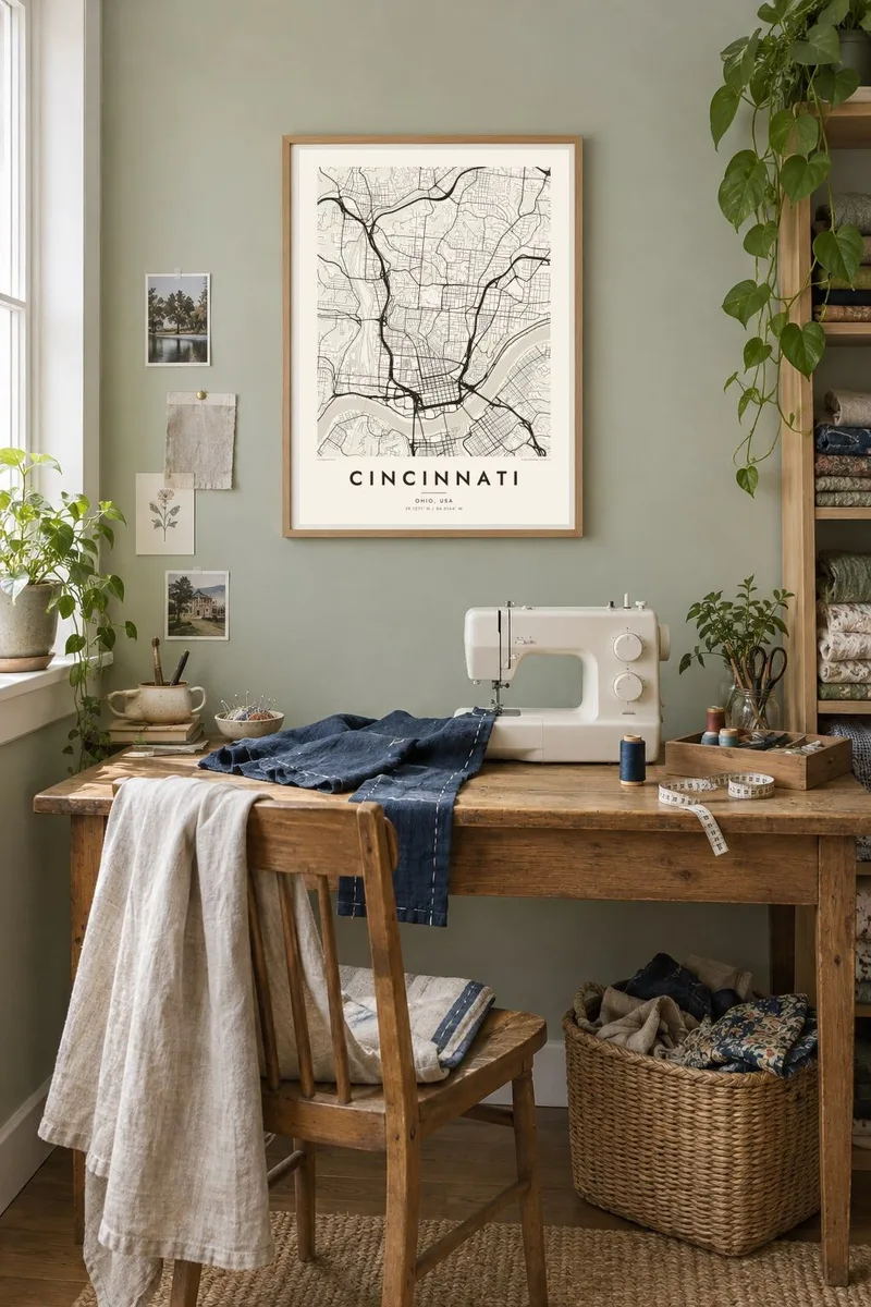 Cincinnati map poster in an oak frame, craft room interior