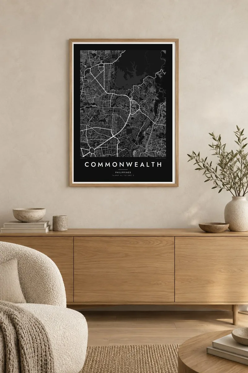 Commonwealth map poster in an oak frame, japandi interior