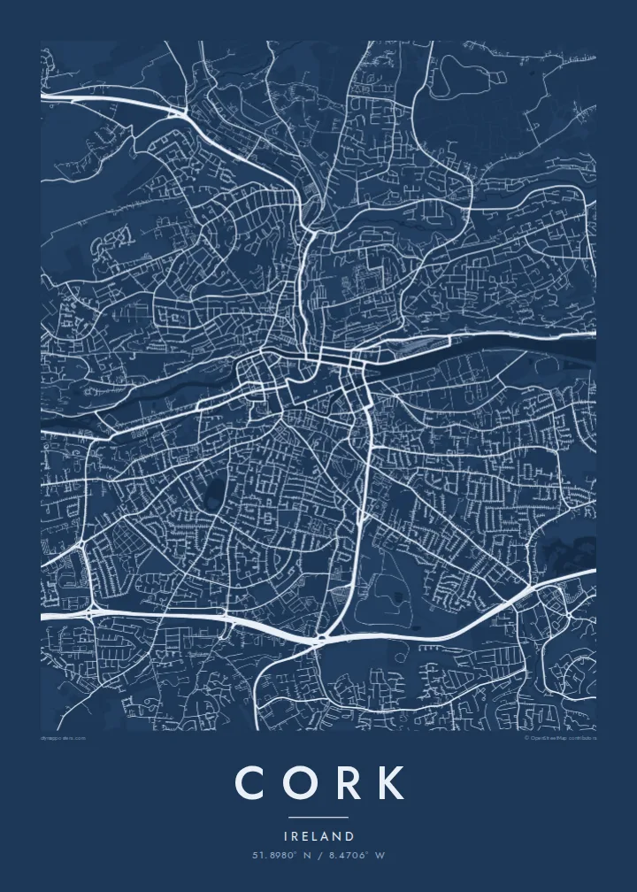 Cork map poster — Blueprint style