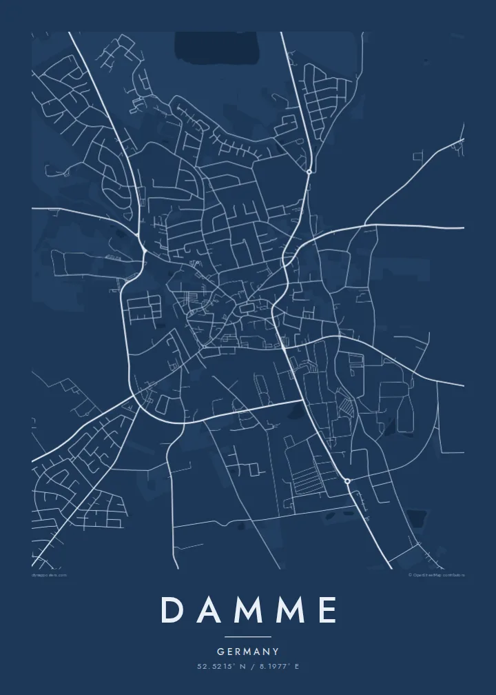 Damme map poster — Blueprint style