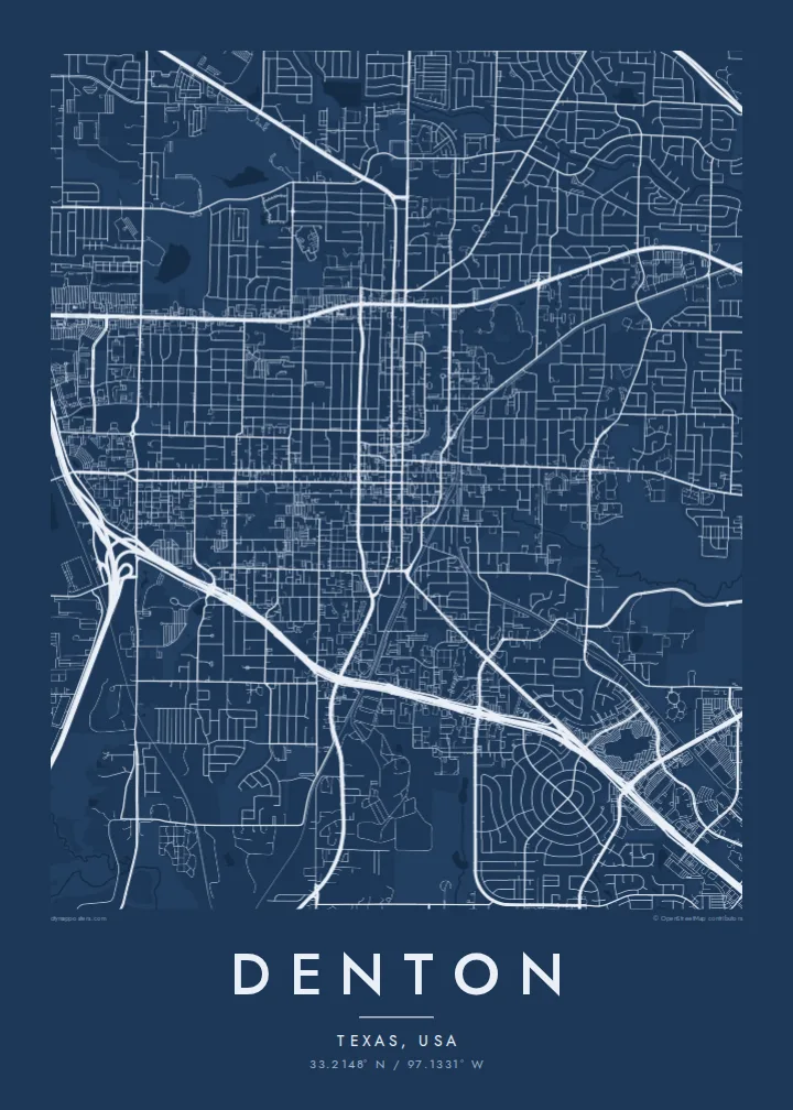 Denton map poster — Blueprint style