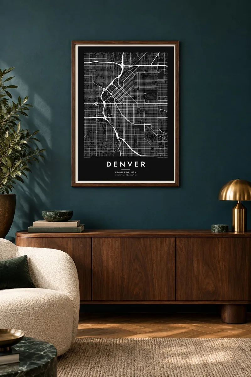 Denver map poster in a walnut frame, artdeco interior