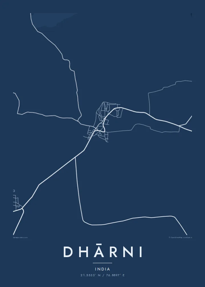 Dhārni map poster — Blueprint style