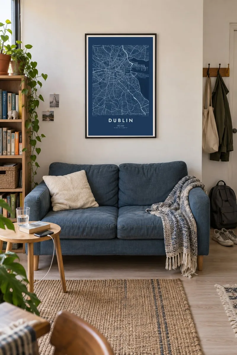דבלין map poster in a black frame, small flat interior