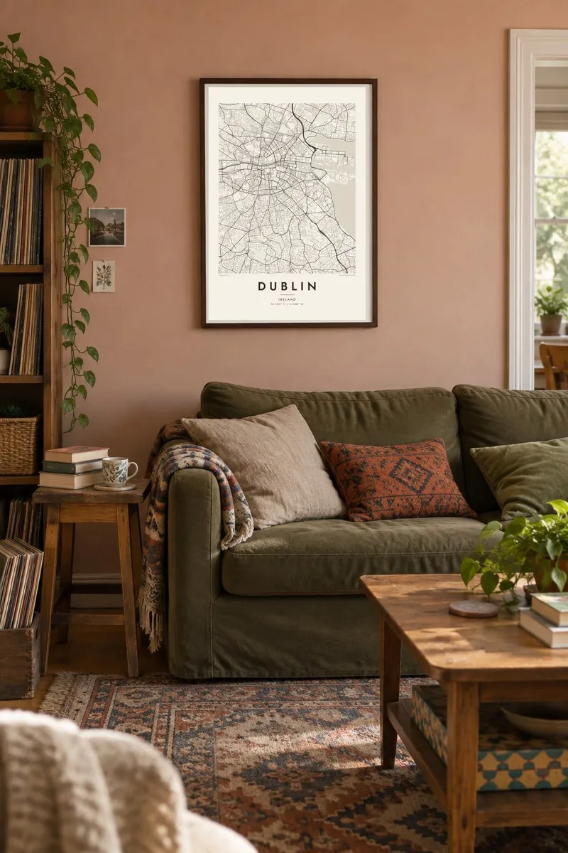 דבלין map poster in a walnut frame, vintage living interior
